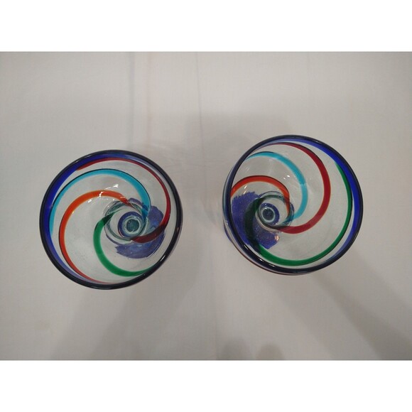 Set of 2 Hand Blown Art Margarita Cocktail Glasses Blue Red Green Swirl Thick - Picture 2 of 9
